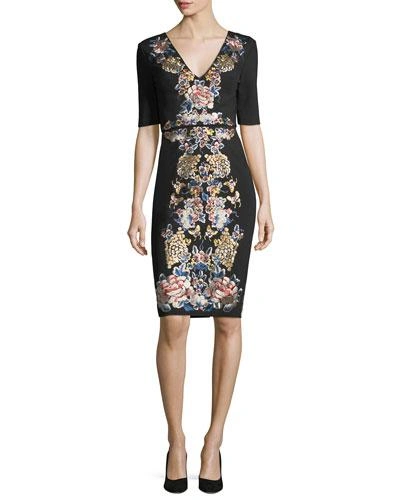 Catherine Deane V-neck Short-sleeve Floral-embroidered Cocktail Dress In Black Multi