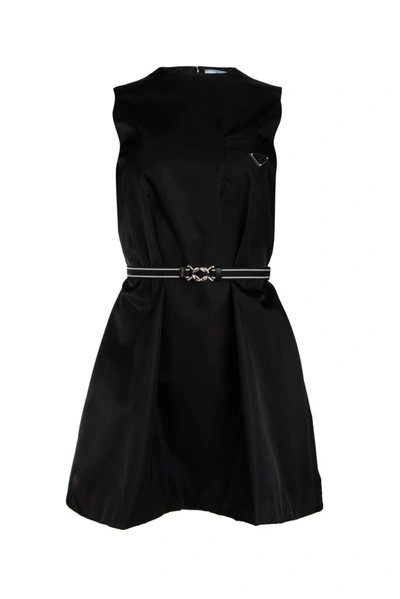 Prada Gabardine Belted Dress In Black