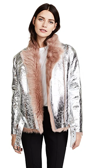 Iro Metallic Leather Biker Jacket With Shearling Lining In Old Pink