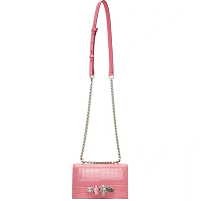 Alexander Mcqueen Mini Jewelled Croc Embossed Leather Crossbody Bag In Pink