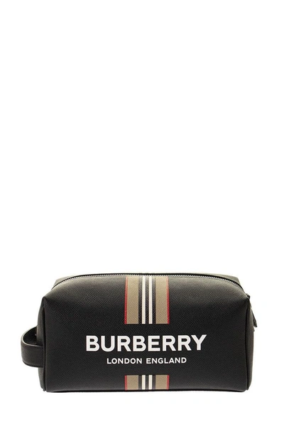 Burberry Washbag - Logo And Icon Stripe Print Leather Travel Pouch In Black