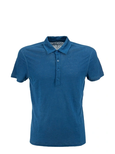 Majestic Linen Polo Shirt With Short Sleeves In Blue