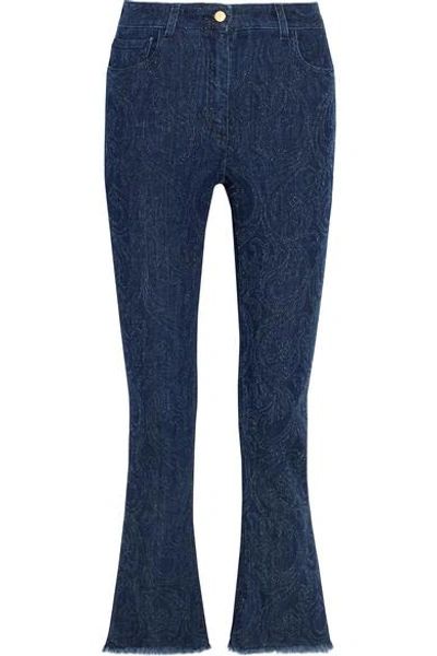 Etro Cropped Paisley-detailed High-rise Bootcut Jeans In Blue