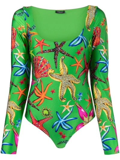 Versace Tresor De La Mer Long-sleeve Bodysuit In Greenmulticolor