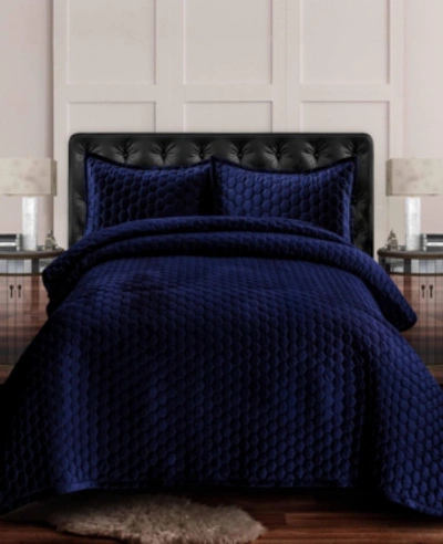 Tribeca Living Lugano Honeycomb Velvet Oversized Solid 3 Piece Quilt Set, Queen In Navy