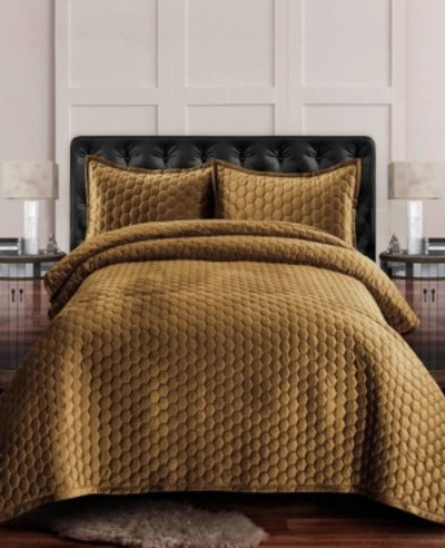 Tribeca Living Lugano Honeycomb Velvet Oversized Solid 3 Piece Quilt Set, Queen In Medium Beige