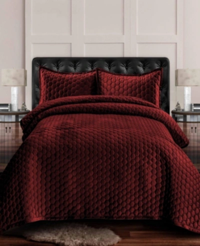 Tribeca Living Lugano Honeycomb Velvet Oversized Solid 3 Piece Quilt Set, Queen In Dark Red