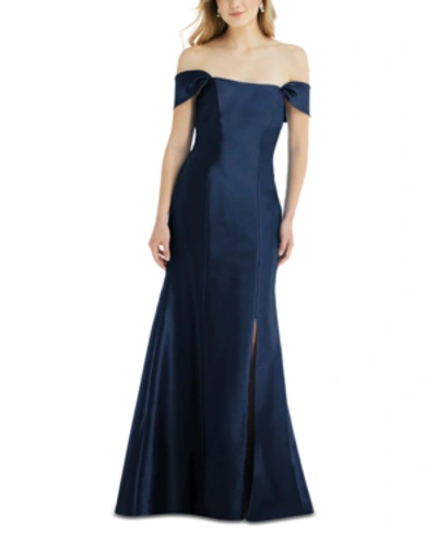 Alfred Sung Bow-back Off-the-shoulder Gown In Blue