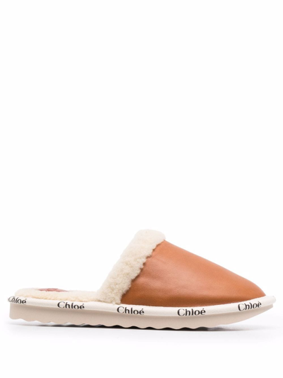Chloé Woody Logo-print Leather And Shearling Slippers In Braun