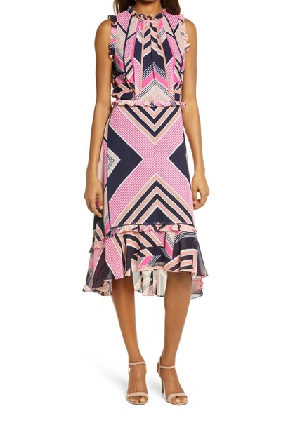 Julia Jordan Mod Stripe Ruffle Trim Midi Dress In Pink Multi