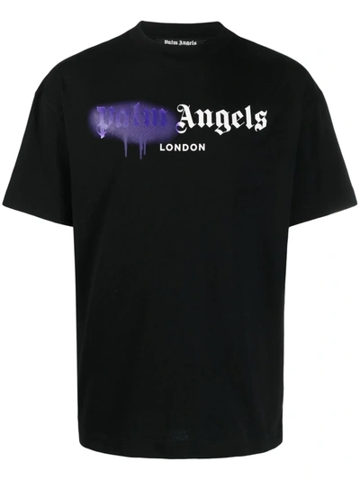 Palm Angels Black & Purple Sprayed Logo 'london' T-shirt In Black Purpl
