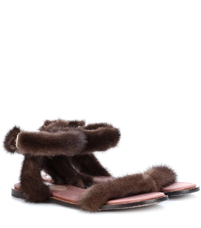 Valentino Garavani Mink Fur Sandals In Brown