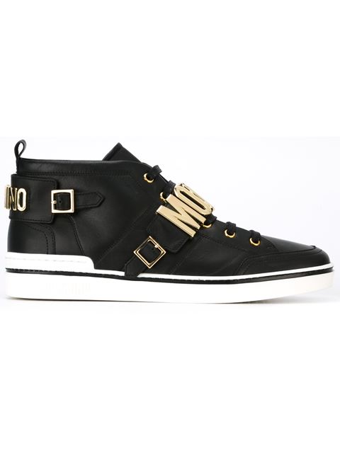 Moschino Black Leather Logo Mid-top Sneakers | ModeSens