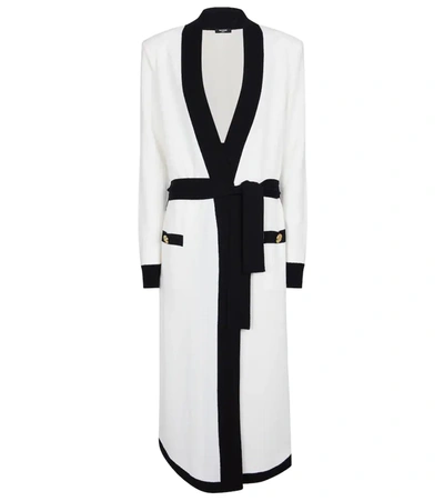 Balmain Belted Two-tone Jacquard-knit Wool-blend Cardigan In White And Black