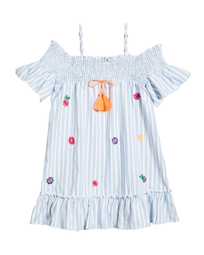 Hannah Banana Kids' Girl's Off-the-shoulder Striped Embroidered Dress In Bluewhite