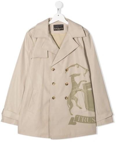 Trussardi Junior Teen Double-breasted Trench Coat In Neutrals