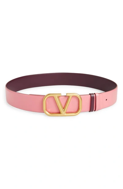 Valentino Garavani Garavani Vlogo Buckle Reversible Leather Belt In Flamingo Pink/ Oxblood