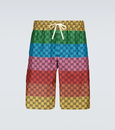 Gucci Wide-leg Mid-length Striped Logo-print Swim Shorts In Schwarz