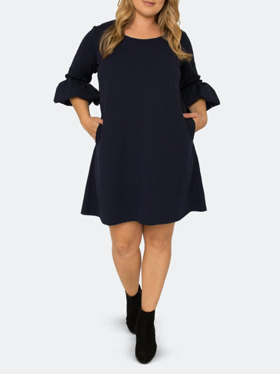 Standards & Practices Crepe Knit Balloon Sleeves Midi Shift Dress In Navy
