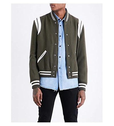 Saint Laurent Leather-trim Wool Bomber Jacket In Khaki