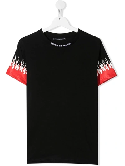 Vision Of Super Teen Flame-print Short-sleeved T-shirt In Black