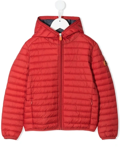 Save The Duck Teen Hooded Zip-up Padded Jacket In Red