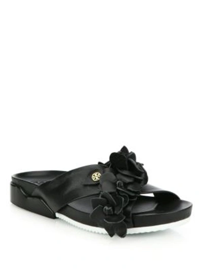 Tory Burch 'blossom' Floral Appliqué Leather Slide Sandals In Black |  ModeSens