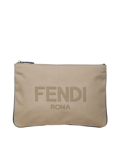 Fendi Logo Embroidered Pouch In Beige