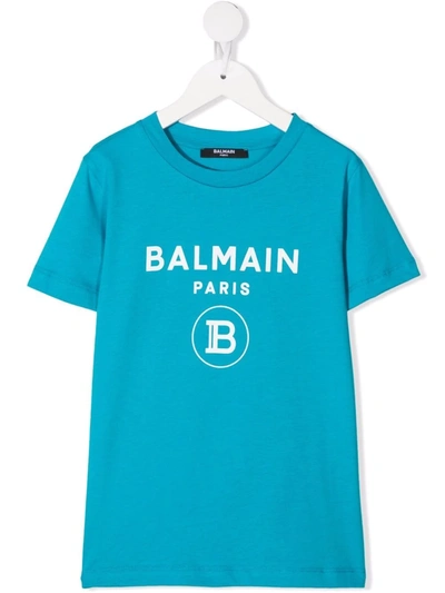 Balmain Kids' Logo棉质t恤 In Blu