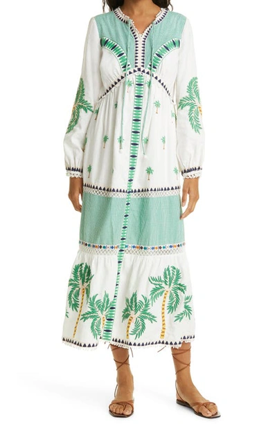 Farm Rio Palm Tree Embroidered Long Sleeve Dress In Off-white Multi