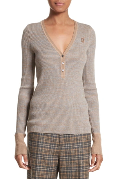 Marc Jacobs Ribbed V-neck Wool Sweater In Taupe Multi