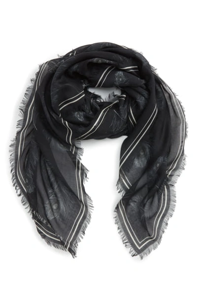 Alexander Mcqueen Peacock Feather Skull Scarf In Black/ Ivory