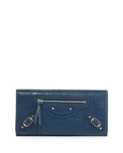 Balenciaga Money City Leather Clutch Bag In Blue