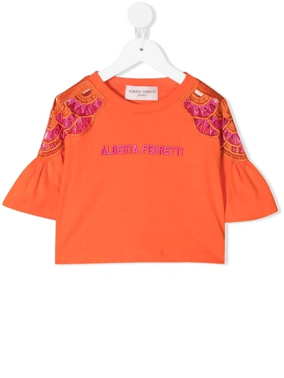 Alberta Ferretti Kids' Embroidered Logo T-shirt In Orange