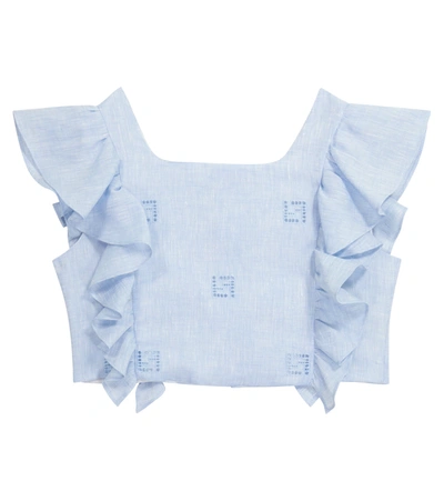 Fendi Kids' 荷叶边刺绣经典logo罩衫 In Blue