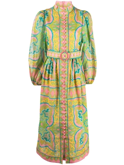 Zimmermann Estelle Belted Paisley-print Linen And Ramie Midi Dress In Pink Green Paisley