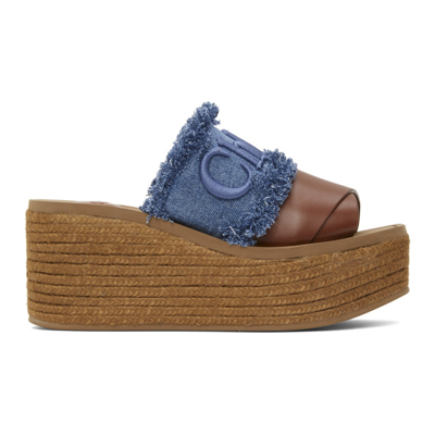 Chloé Brown & Blue Denim Woody Espadrilles Platform Sandals