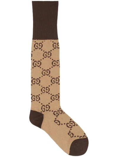 Gucci Gg-jacquard Cotton-blend Socks In Beige,dark
