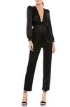 Mac Duggal Plunge Neck Long Sleeve Satin Jumpsuit In Black