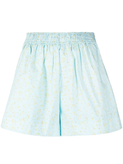Ganni Floral Print Organic Cotton Poplin Shorts In Blue