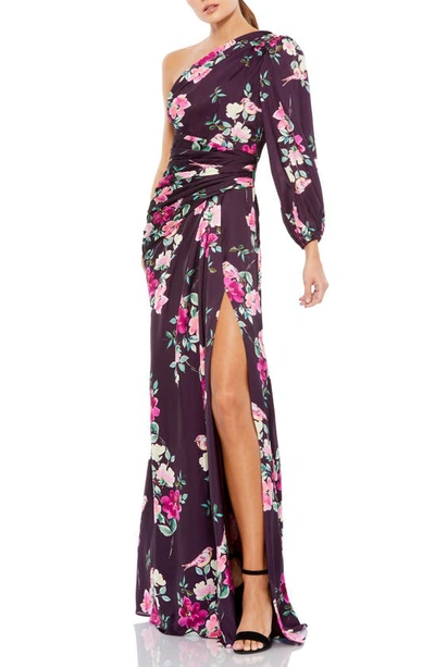 Mac Duggal Leena Floral One-shoulder Gown In Plum Floral