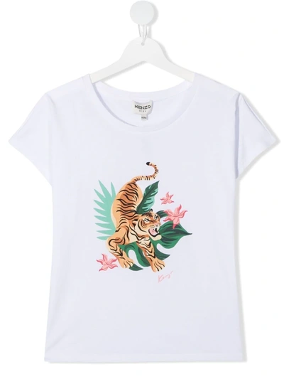 Kenzo White T-shirt For Baby Girl With Tiger Anf Flowers