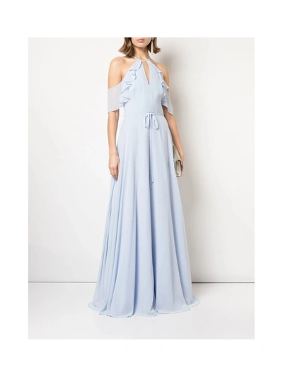Marchesa Bridesmaids Cold-shoulder Ruffle Chiffon Gown In Blue