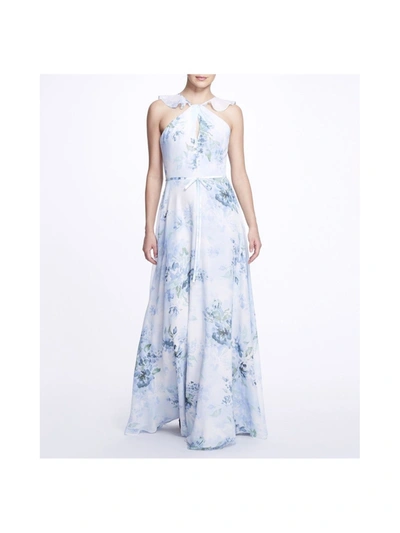 Marchesa Pavia Printed Gown In Blue