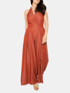 Standards & Practices Deep V-neck Halter Backless Tencel Wide Leg Jumpsuit In Brown