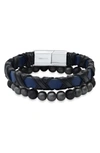 Hmy Jewelry Stainless Steel Wrapped Leather & Lava Rock Beaded Bracelet Set In Blue-metallic-gray