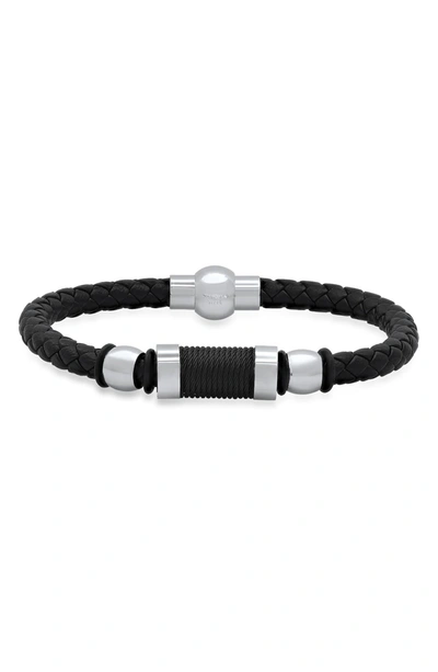 Hmy Jewelry Stainless Steel & Braided Leather Bracelet In Black-metallic