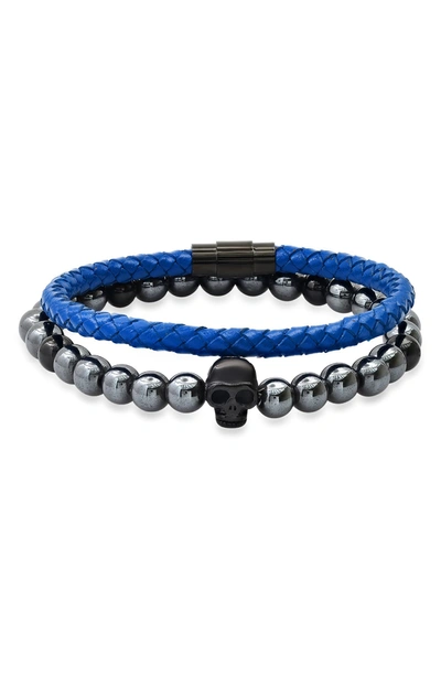 Hmy Jewelry Set Of 2 Hematite Beaded & Braided Leather Bracelets In Gray-black-blue