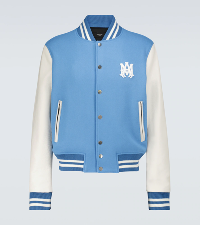 Amiri Logo Patch Leather Sleeve Wool Blend Letterman Jacket In White,light Blue