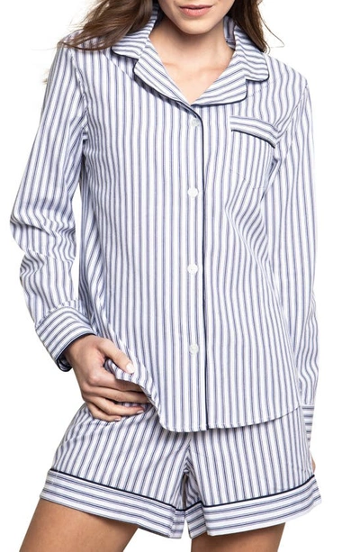 Petite Plume French Ticking Long-sleeve Short Pajama Set In Blue
